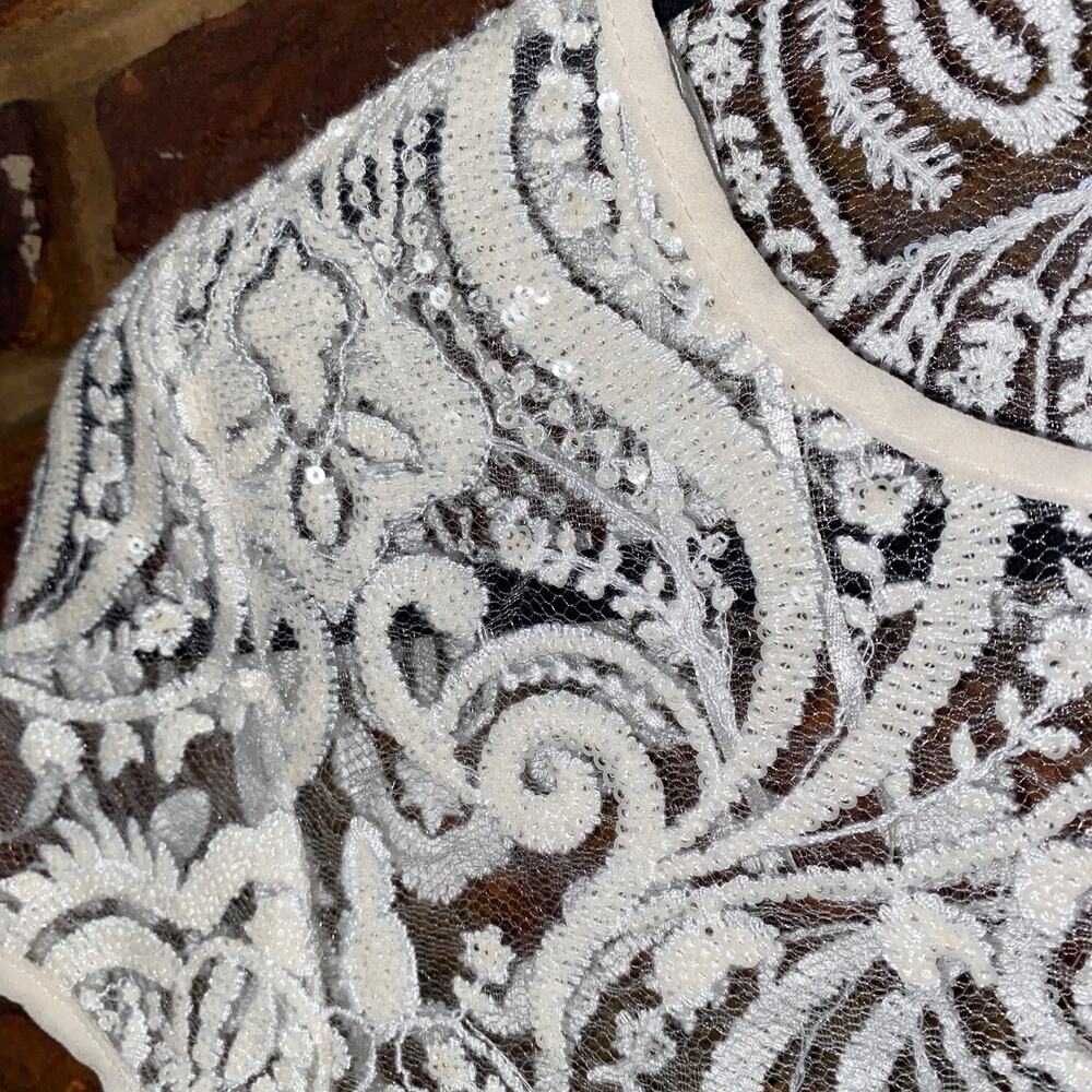 Zara White Sequined Semi-Sheer Mesh Lace Short Sleeve Crop Top Women's Size XS - Picture 4 of 7